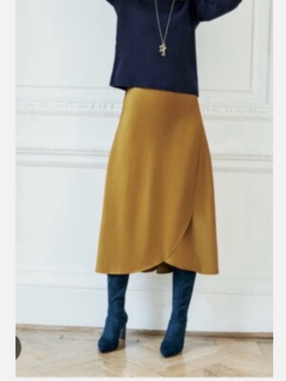 Boden Mustard Gold Satin Midi Skirt